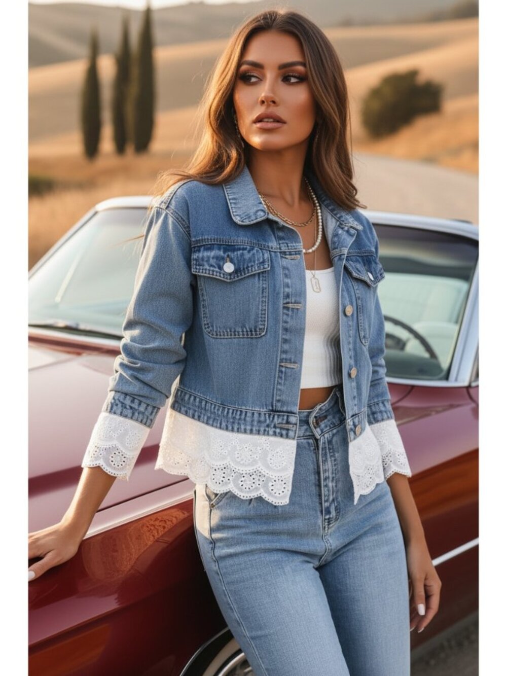 Scalloped Layered Eyelet Lace Cropped Button-Front Denim Trucker Jean Jacket